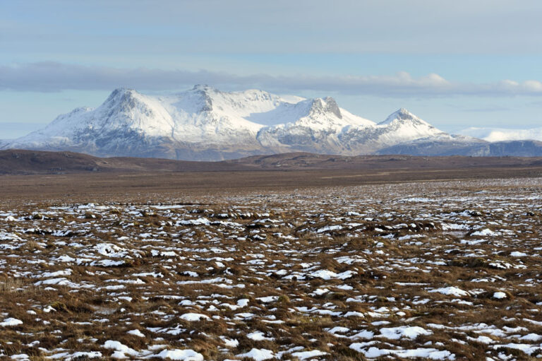 Flow country with snowy mountains in background