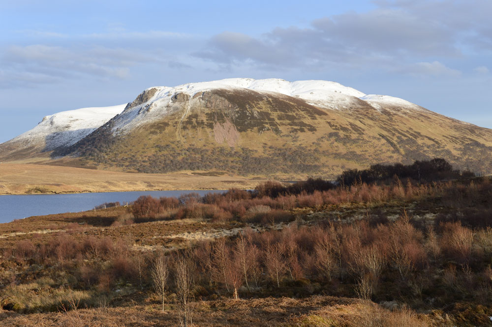 Flow country with snowy mountains in background