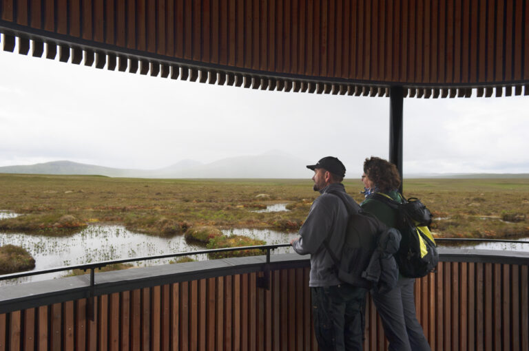 People looking over the Forsinard flows from lookout tower